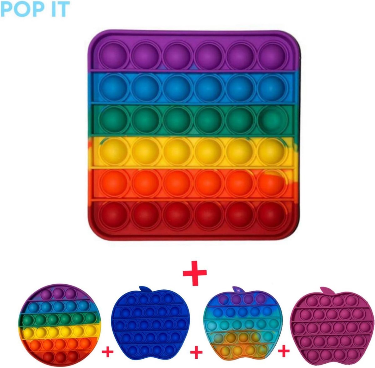 Pop it | Fidget toys | Fidget toys pakket Unieke Set 5 in 1 Rainbow regenboog vierkant + rond + Appel regenboog + blauw + paars | Trend 2021 | Anti stress | Meisjes  jongens volwassenen | Verjaardag cadeautip | Leuk voor pasen